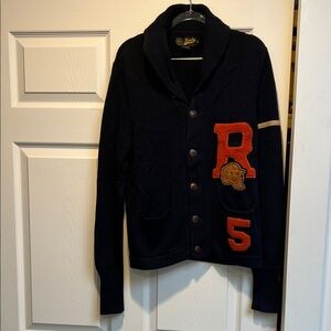 Rugby Navy Letterman shawl collar Cardigan with Texas orange Patches